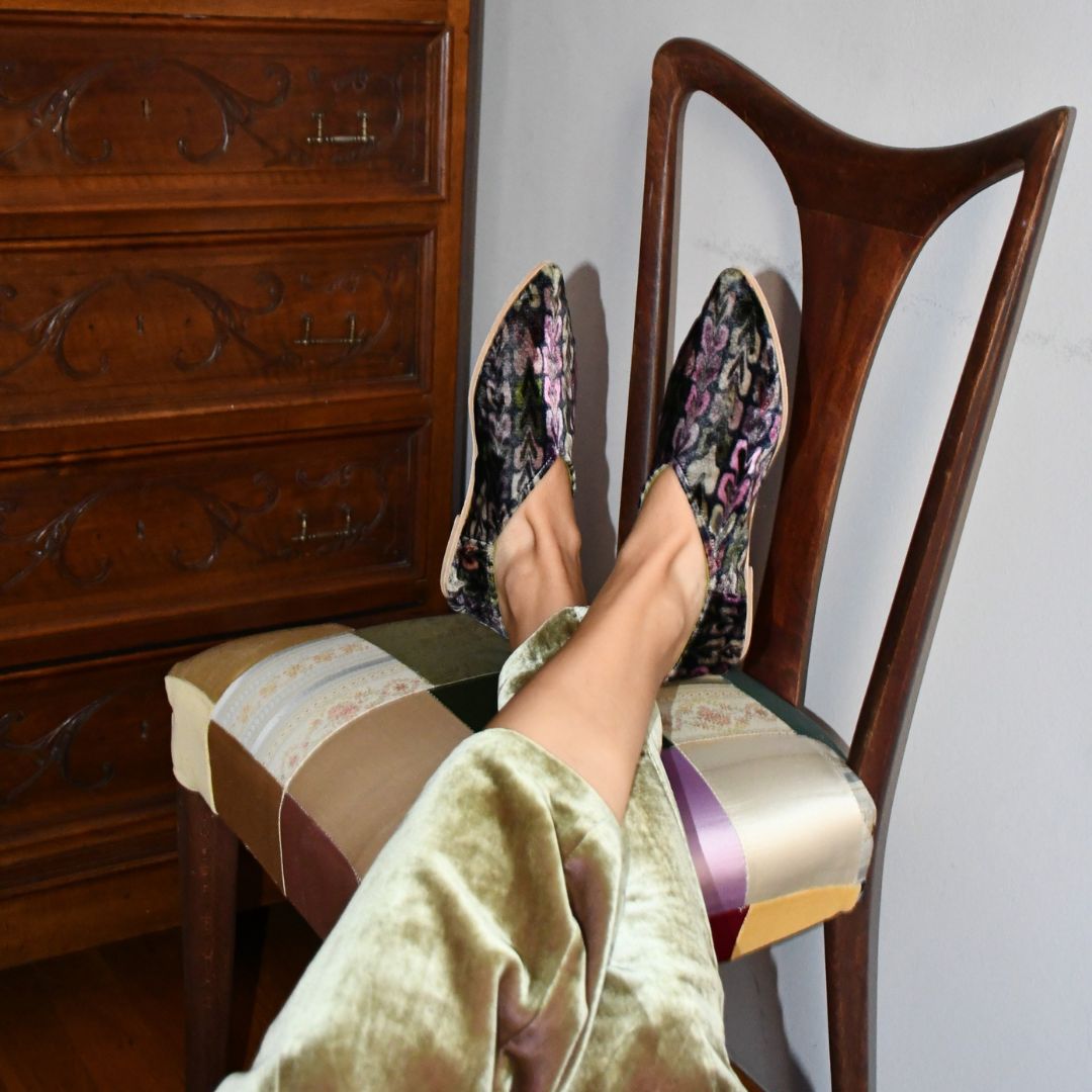 Collaborative fashion capsule collection - Babú x Joanna Lyle. Vibrant printed velvet loafers designed in Milan